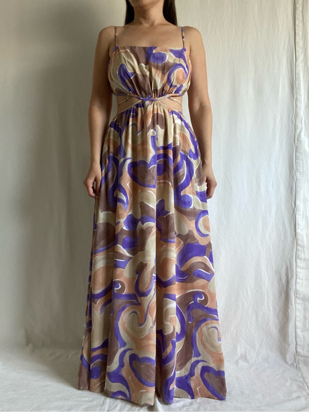 Astr Abstract Swirl Cutout Maxi Dress in Purple and Brown
